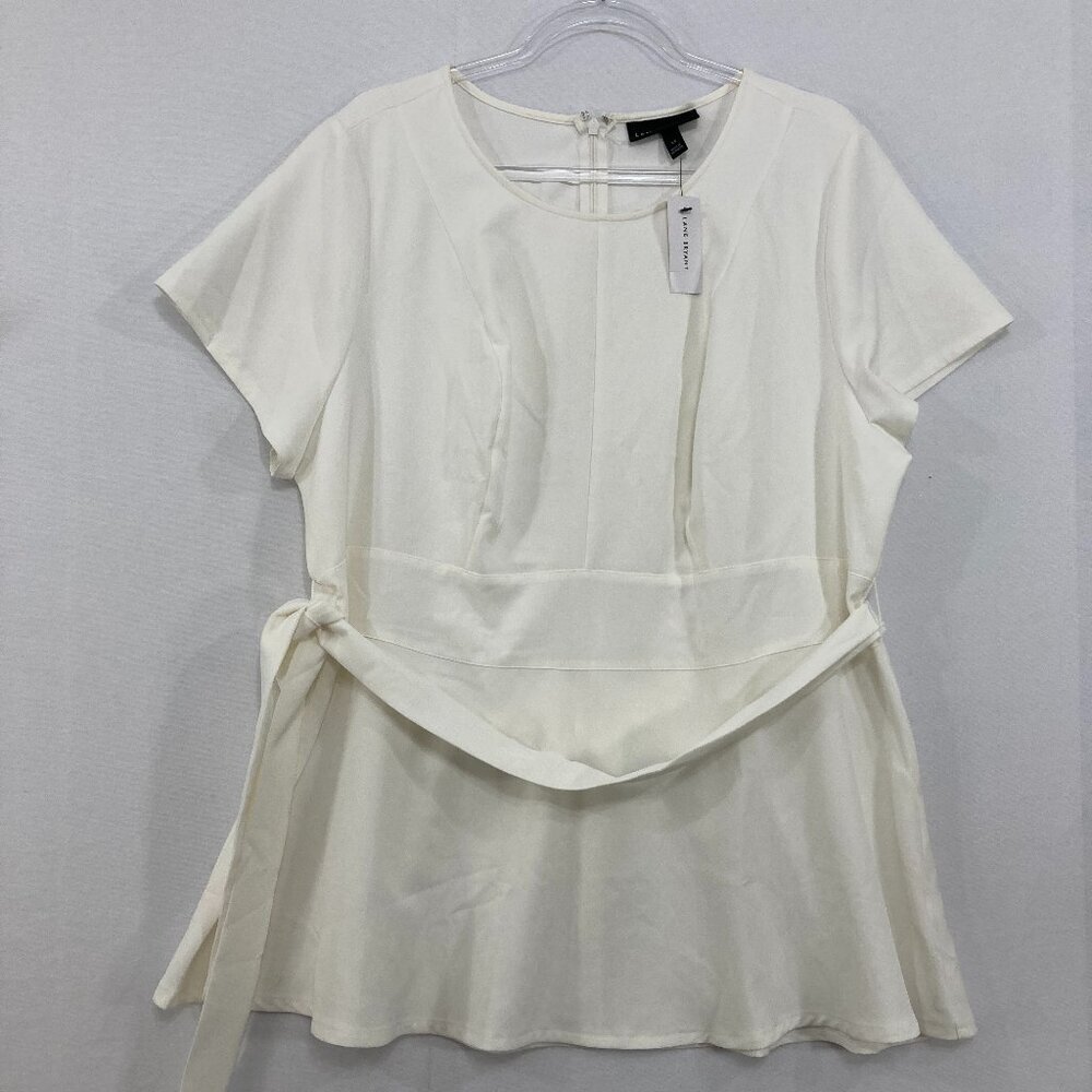 New Lane Bryant size 18 White Crew Neck Belted Zip Back Blouse Elegant Preppy